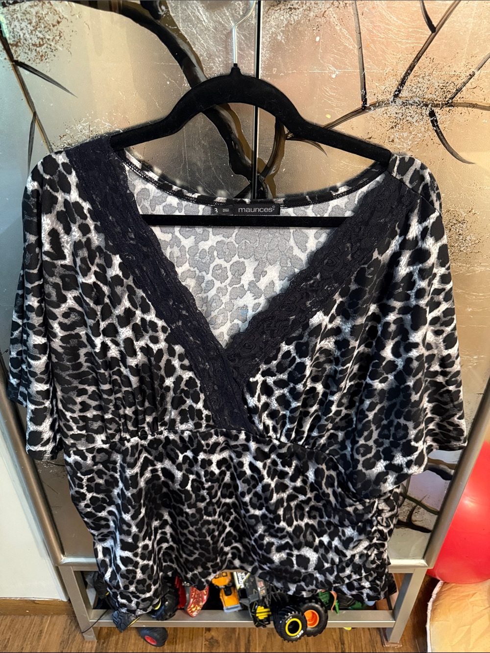 Maurices Black & White Leopard Lace-Trim Surplice Top